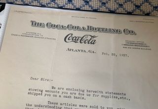 Old Early Vintage 1927 Coca - Cola Bottling Co.  Letterhead Atlanta,  Ga