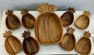 Vintage Alii Woods Tiki Pineapple Monkey Wood Hand Carved 9 Piece Dish Set