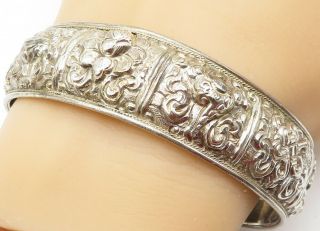 925 Sterling Silver - Vintage Sculpted Ornate Pattern Cuff Bracelet - B4997