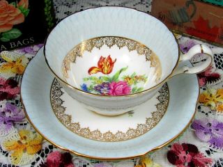 Royal Grafton Blue Basket Weave Rose Floral Tea Cup And Saucer