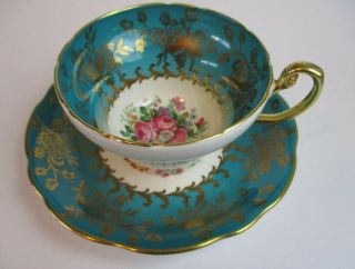 Foley Cup & Saucer Greenish /blue Color Gold Accents Flowers Con