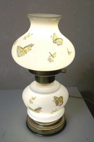 Vintage 3 Way Small Milk Glass Side Table Lamp Light W/hand Painted Butterflies