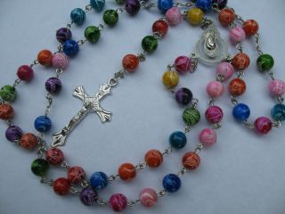 Rosary Necklace Silver - Tone Multi Color Marbled Swirl Plastic Beads