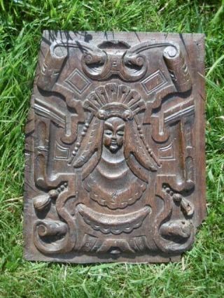 17thc Oak Carved Panel With Head To Centre & Scrolled Decor C.  1690 