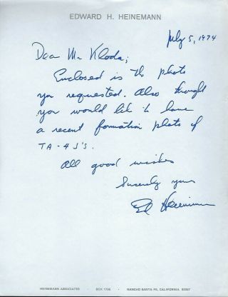 Ed Heinemann Signed Letter Dated 1974 Military Aircraft Designer For Douglas
