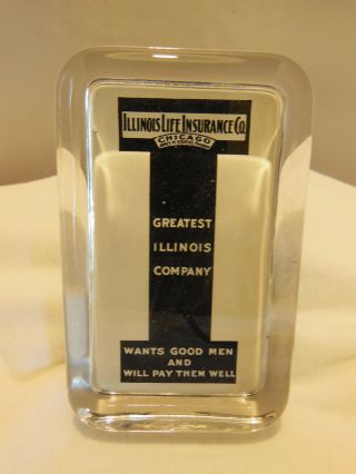 Antique Vintage Glass Advertising Paperweight Illinois Life Insurance Co Chicago