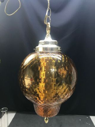Vintage Mid Century Amber Glass Globe Hanging Swag Lamp Light With Diffuser