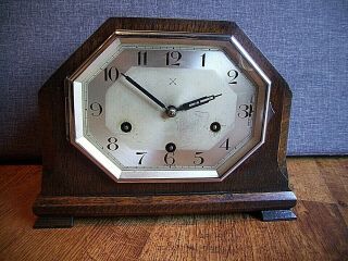Antique Art Deco Hamburg American Clock Co (hac) Oak Mantel Clock - Westminster