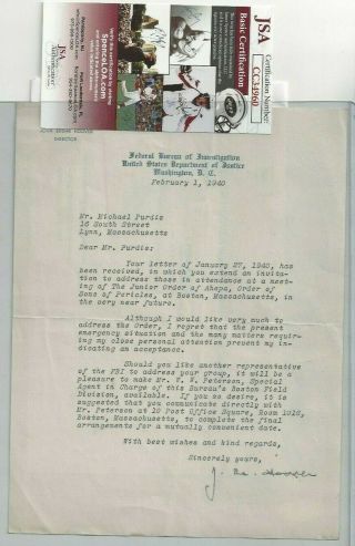 J Edgar Hoover Autographed Typed 1940 Letter United States Fbi Director Jsa