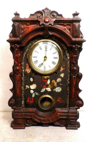 Haven 1865 Floral & Mother Of Pearl Inlay Cast Iron Front 8 Day Shelf Clock