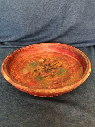Primitive Antique/vgt Wood Bowl/plate 2” Deep 12”wide Folk Painted Lightweight