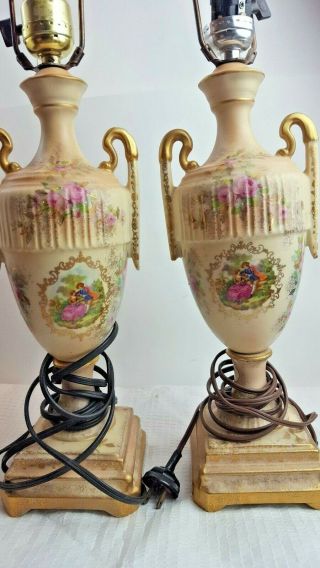 2) Lg Antique French Victorian Figural Art Deco Merrol Painting Urn Lamp
