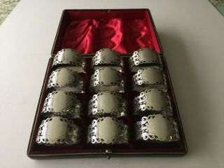 Vintage Silver Plated Set Of 12 Napkin Rings - In Leather Box