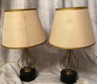 Vintage Pair Mid Century Modern Atomic Space Age Table Lamp W Shades Black Brass