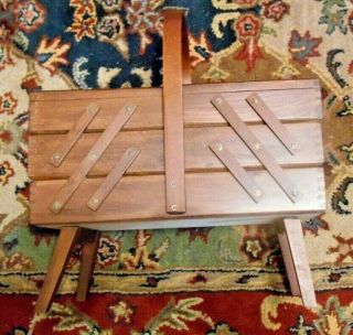 Vintage Fold Out Accordion Style Solid Wood Sewing Box Made In Romania Loaded