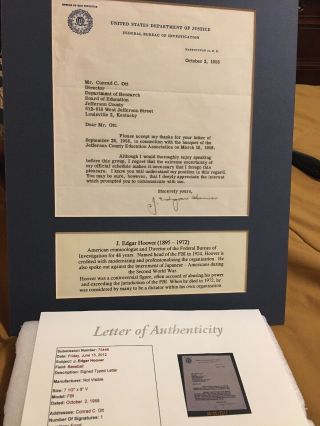 J.  Edgar Hoover Signed Letter 1st Fbi Director Jsa Loa