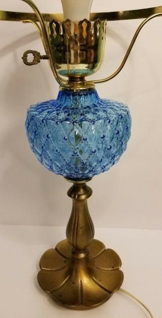 Vintage Blue Quilted Diamond Glass Table Lamp Metal Base
