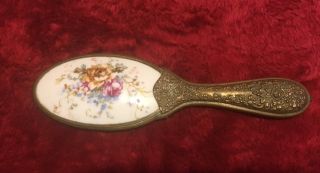 Antique Vtg Brass & Hand Painted Flowers Porcelain Vanity Dresser Hand Mirror