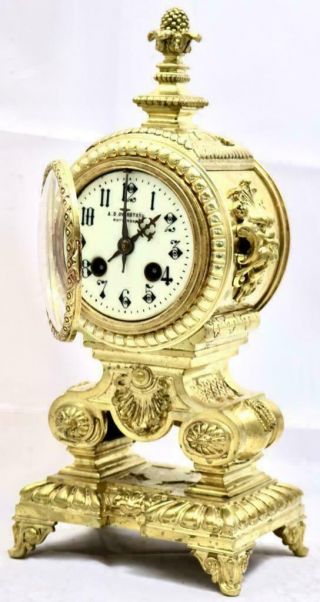 Antique Japy freres Mantle Clock,  French 1880 ' s 8 day Gilt Rococo Bronze 2