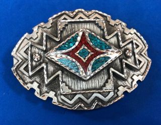 Vintage 1995 Age Turquoise And Coral Inlay Southwestern Belt Buckle