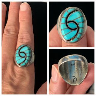 Vintage Quandelacy Zuni Inlay Hummingbird Sterling Silver Turquoise Ring Dickie