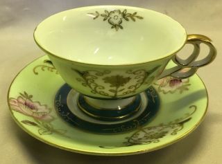 Ucagco Green and Gold Hand Painted Teacup and Saucer with Stand 2