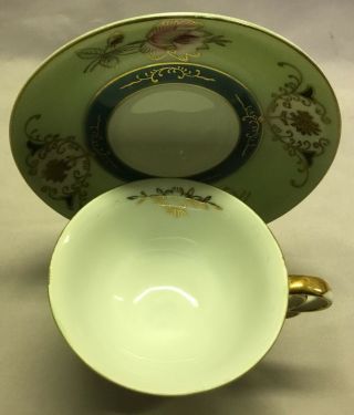 Ucagco Green and Gold Hand Painted Teacup and Saucer with Stand 3