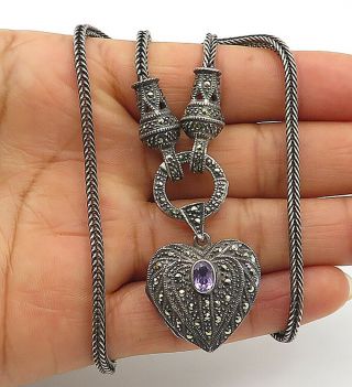 925 Silver - Vintage Amethyst & Marcasite Locket Chain Necklace (opens) - N2813