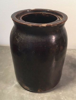 Antique 19th C.  Wax Sealer Crock Stoneware Pottery Jar Albany Slip Glazed 6 "