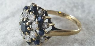 Vintage 9ct Yellow Gold Sapphire & Cubic Zirconia Cluster Ring - Size L - 2.  5 G