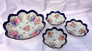 Antique/vintage Porcelain Berry Bowl Set Hnd Pntd Cobalt Blue & Cabbage Roses Gd