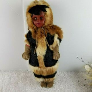 Vintage Alaskan Eskimo Doll Hand Made Rabbit Fur Clothing Blinking Eyes