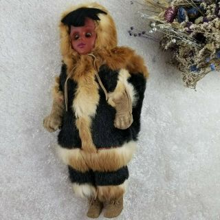 VINTAGE Alaskan Eskimo Doll hand made rabbit fur clothing blinking eyes 3