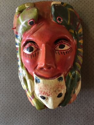 Mexican Folk Art Carved Wood Wall Mask Lizard Face 9 