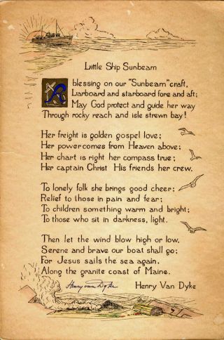 Henry Van Dyke,  Poem,  " Little Ship Sunbeam " Artist Signed,  Vintage About Maine
