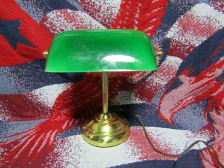 Vintage Bankers Desk Lamp W/ Green Shade And Brass Base