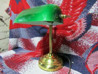 Vintage Bankers Desk Lamp W/ Green Shade and Brass Base 3