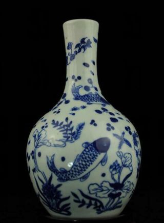 Chinese Old Blue And White Porcelain Hand Painted Goldfish Lotus Vase /db01a