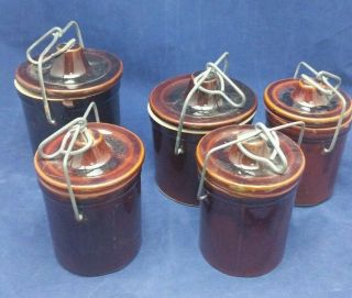 5 Vintage Brown Glazed Cheese/butter Stoneware Crocks With Wire Bail Lids