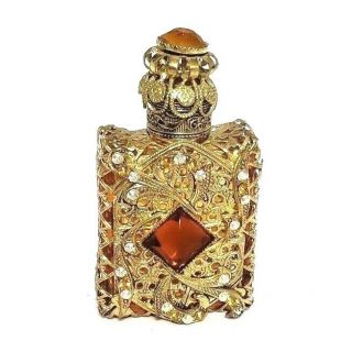 Gold Filigree Perfume Bottle W Dauber Czech Glass Ornate Miniature Jeweled