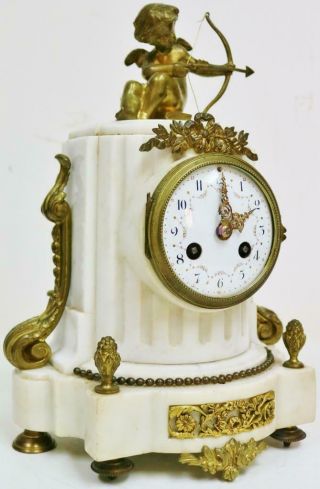 Antique French 8 Day White Marble & Bronze Cherub Figure Striking Mantel Clock