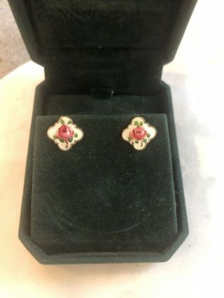 Vintage David Andersen Sterling Silver Guilloche Enamel Roses Pierced Earrings