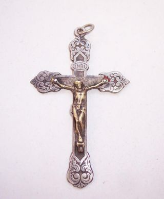 Antique/vintage Ornate Silver Tone Metal & Brass Cross Crucifix Pendant - Italy