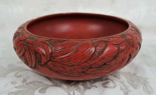 Vintage Japanese Kamakura Bori Carved Wood Bowl Cinnabar Red Lacquerware 7.  75 "