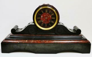 Huge Antique French 8 Day Slate & Red Marble Bell Striking Drumhead Mantel Clock