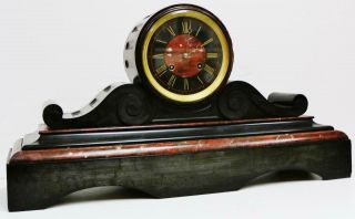 Huge Antique French 8 Day Slate & Red Marble Bell Striking Drumhead Mantel Clock 2