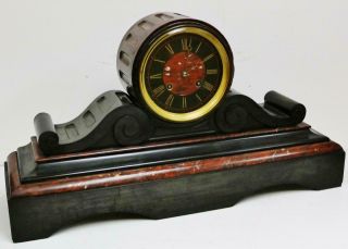 Huge Antique French 8 Day Slate & Red Marble Bell Striking Drumhead Mantel Clock 3