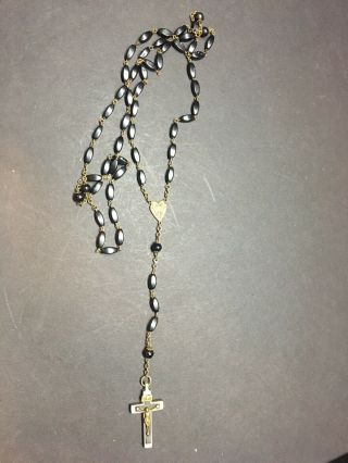 Black Bead Gold Tone Rosary Crucifix Necklace Pendant Catholic Pray
