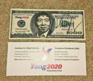 Andrew Yang Signed Campaign Bookmark $1000 Bill 2020 President Democrats Math