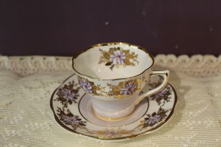 Vintage Clare England Mauve / White Floral Tea Cup And Saucer Heavy Gold Trim
